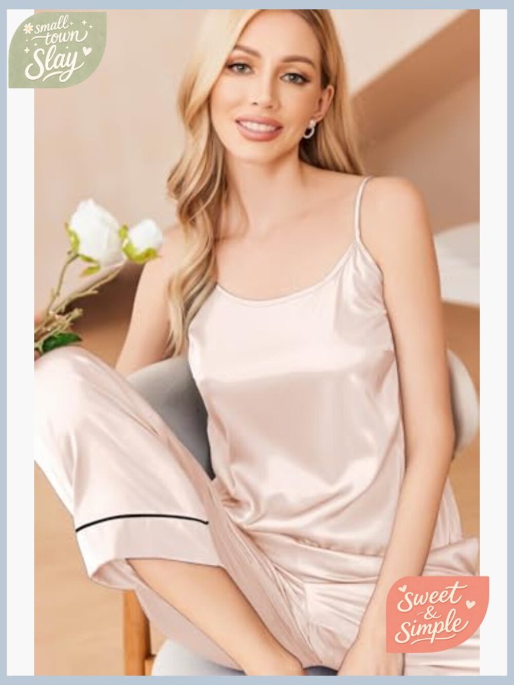 Women Silk Satin Pajama Set - Sleeveless Pjs with Pockets S-XXL - Picture 2 of 7